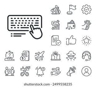 Computer component device sign. Salaryman, gender equality and alert bell outline icons. Keyboard line icon. Computer keyboard line sign. Spy or profile placeholder icon. Vector