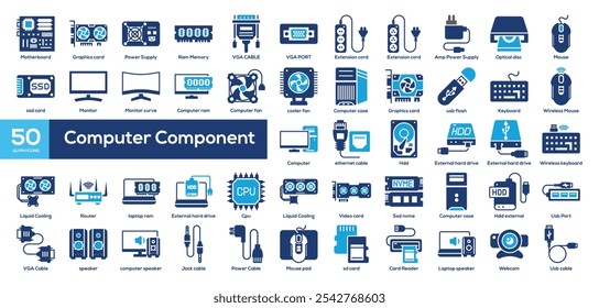 Computer Component icon collection glyph color style. Motherboard, Graphics card, Power Supply, computer, Optical disc