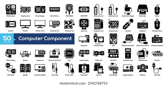 Computer Component icon collection glyph color style. Motherboard, Graphics card, Power Supply, computer, Optical disc