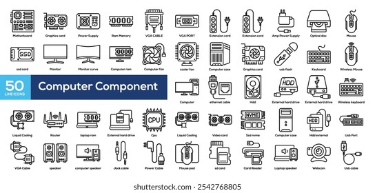 Computer Component icon collection line style. Motherboard, Graphics card, Power Supply, computer, Optical disc