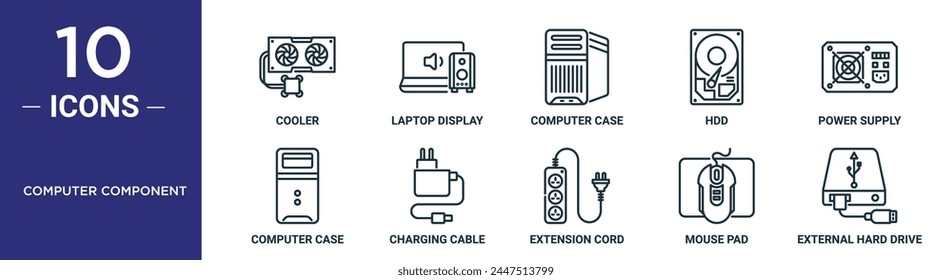 computer component outline icon set includes thin line cooler, laptop display, computer case, hdd, power supply, computer case, charging cable icons for report, presentation, diagram, web design