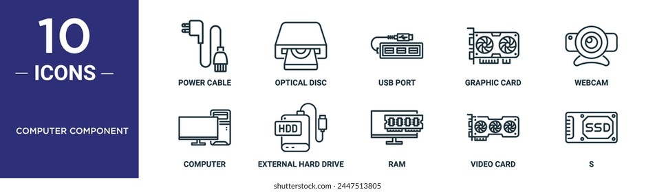 computer component outline icon set includes thin line power cable, optical disc, usb port, graphic card, webcam, computer, external hard drive icons for report, presentation, diagram, web design
