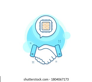 Computer component sign. Handshake deal complex icon. Cpu processor line icon. Agreement shaking hands banner. Cpu processor sign. Vector