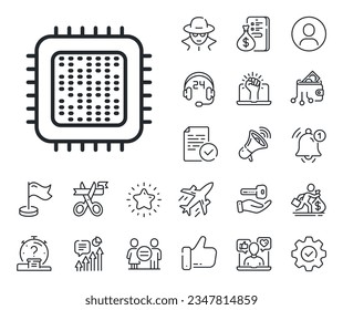 Computer component sign. Salaryman, gender equality and alert bell outline icons. Cpu processor line icon. Cpu processor line sign. Spy or profile placeholder icon. Online support, strike. Vector