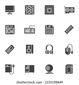 Computer component vector icons set, modern solid symbol collection, Computer hardware filled style pictogram pack. Signs, logo illustration. Set includes icons as PC monitor, cpu processor, microchip