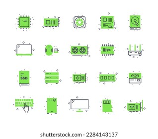 Computer components color set. Fans, video card and processor. Collection of graphic elements for online electronics store website. Cartoon flat vector illustrations isolated on white background