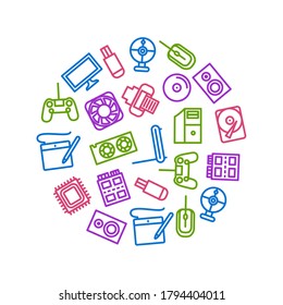 Computer Components Concept Thin Line Round Design Template Banner Include of Mouse, Processor, Monitor, Router, Chip, Hdd and Printer. Vector illustration