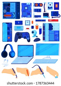 Computer components, database hardware vector illustration set. Cartoon flat electronic pc part hardware collection of hard data disk drive, motherboard cpu processor monitor laptop isolated on white