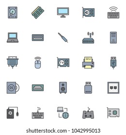 Computer components filled outline icons set, line vector symbol collection, linear colorful pictogram pack. Signs, logo illustration, Set includes icons as HDD, ram memory, pc, usb, dvi, hdmi, wi-fi