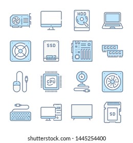 Computer Components and Hardware devices related blue line colored icons.