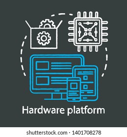 Computer components, hardware platform chalk concept icon. Electronics testing application idea thin line chalkboard illustration. IT industry, mobile technology. Vector isolated outline drawing