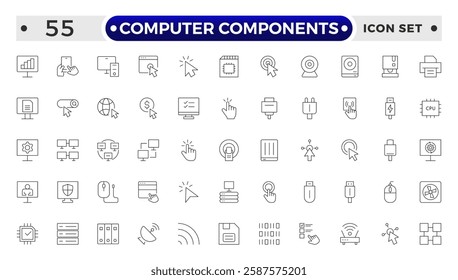 Computer components icon set. Containing online, computer, network, website, server, web design, hardware, software and programming. 
