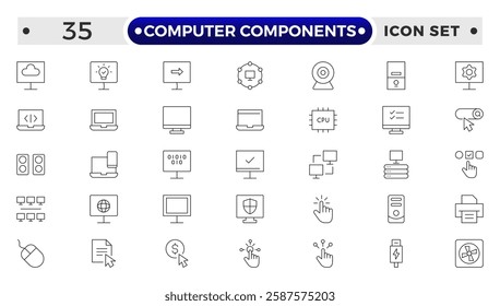 Computer components icon set. Containing online, computer, network, website, server, web design, hardware, software and programming. 
