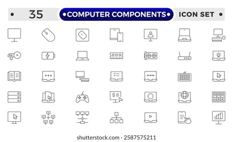 Computer components icon set. Containing online, computer, network, website, server, web design, hardware, software and programming. 
