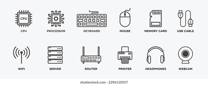 Computer components icon set. CPU, processor, keyboard, mouse, memory card, USB cable, wifi, server, router, printer, headphones, and webcam outlined vector icon collection