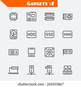 Computer components icon set: processor, motherboard, RAM, video card, hdd,ssd, sshd, power unit, cd-rom, cooler, server,adapter