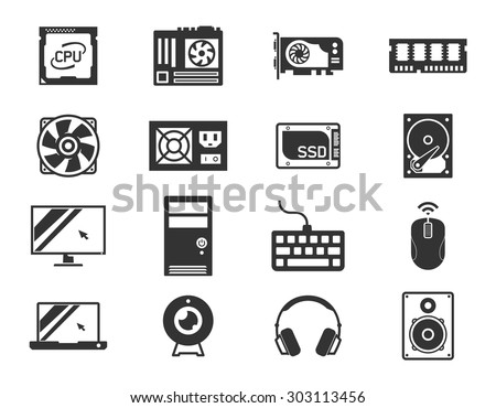 Computer components icon set: processor, motherboard, RAM, video card, hdd,ssd, sshd, power unit, cooler // Black & White