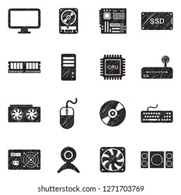 Computer Components Icons. Black Scribble Design. Vector Illustration.