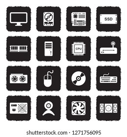 Computer Components Icons. Grunge Black Flat Design. Vector Illustration. 