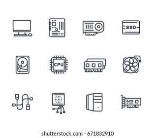 computer components icons on white, processor, motherboard, RAM, video card, HDD, SSD, fan