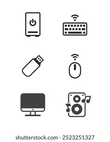 Computer components icons stock illustration. Computer Hardware Line Icons, motherboard, cpu chip, case computer. Computer device icons. Motherboard, CPU and Laptop. SSD memory classic icon set.