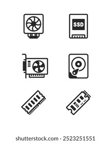 Computer components icons stock illustration. Computer Hardware Line Icons, motherboard, cpu chip, case computer. Computer device icons. Motherboard, CPU and Laptop. SSD memory classic icon set.