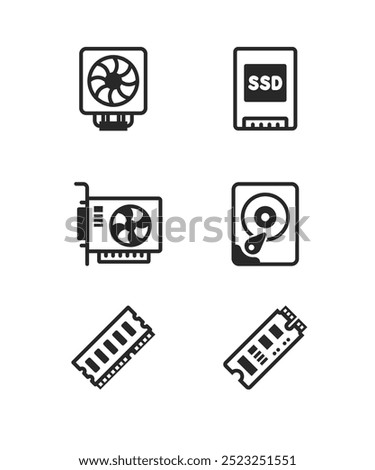 Computer components icons stock illustration. Computer Hardware Line Icons, motherboard, cpu chip, case computer. Computer device icons. Motherboard, CPU and Laptop. SSD memory classic icon set.