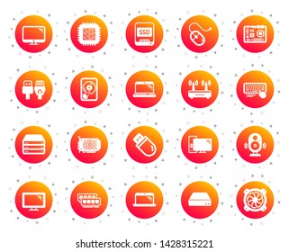 Computer components, Laptop, SSD icons. Motherboard, CPU, Internet cables icons. Wifi router, computer monitor, Graphic card. Keyboard, SSD device. Internet cables, laptop components. Vector