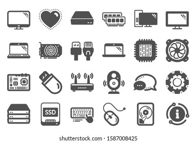 Computer components, Laptop, SSD icons. Motherboard, CPU, Internet cables icons. Wifi router, computer monitor, Graphic card. Keyboard, SSD device. Internet cables, laptop components. Vector