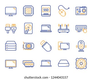Computer components, Laptop, SSD line icons. Motherboard, CPU, Internet cables icons. Wifi router, computer monitor, Graphic card. Keyboard, SSD device. Internet cables, laptop components. Vector