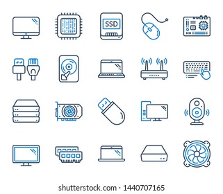 Computer components, Laptop, SSD line icons. Motherboard, CPU, Internet cables icons. Wifi router, computer monitor, Graphic card. Keyboard, SSD device. Internet cables, laptop components. Vector