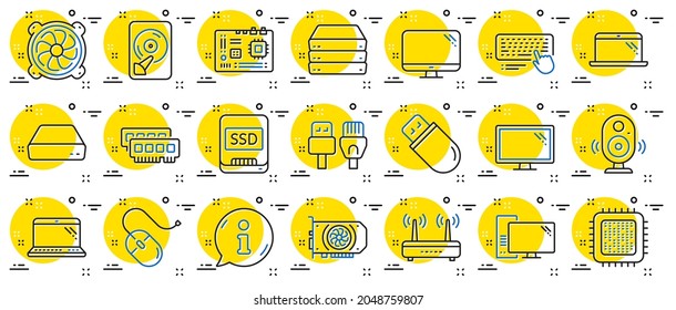 Computer components, Laptop, SSD line icons. Motherboard, CPU, Internet cables icons. Wifi router, computer monitor, Graphic card. Keyboard, SSD device. Internet cables, laptop components. Vector