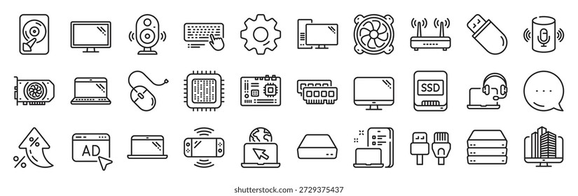 Computerkomponenten, Laptop, SSD-Zeilensymbole. Einstellungen Zahnrad, Nachricht, Inflation Symbole. Symbole für Hauptplatine, CPU und Internetkabel. Wifi-Router, Computermonitor, Grafikkarte. Tastatur, SSD-Gerät. Vektorgrafik