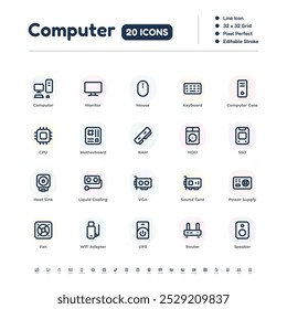 Conjunto de ícones de linha de componentes do computador - Pixel Perfect Editable Stroke Vetor Design