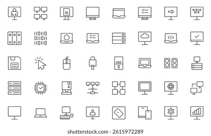 Computer components line icon set. Containing online, computer, network, website, server, web design, hardware, software and programming.