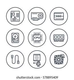 computer components line icons in circles on white, processor, motherboard, RAM, video card, HDD, SSD, cooler