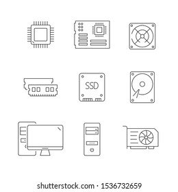 Computer components line icons on white background