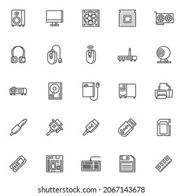 Computer components line icons set. linear style symbols collection, outline signs pack. PC hardware vector graphics. Set includes icons as computer monitor, CPU processor chip, Computer Video Card