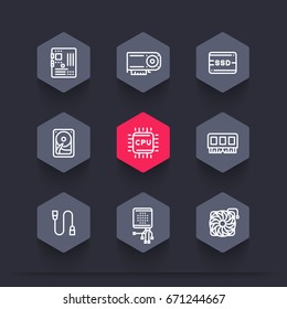 computer components line icons set, motherboard, memory, video card, HDD, CPU, SSD, vector illustration