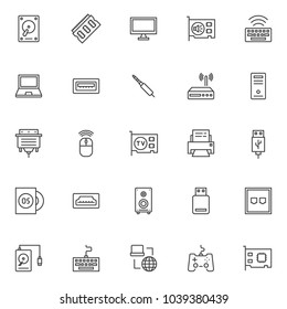 Computer components outline icons set. linear style symbols collection, line signs pack. vector graphics. Set includes icons as HDD, Ram memory, monitor, sound card, keyboard, Laptop, PC case, router