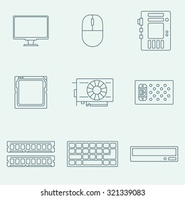 Computer components outline icons set. Vector pictogram of electroincs accessories for print and web design.