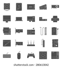 Computer components and peripherals silhouettes icons set graphic illustration design
