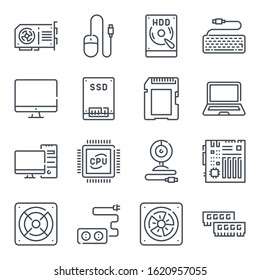 Computer components related line icon set. Computer parts and hardware vector linear icons.