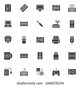 Computer components vector icons set, modern solid symbol collection, filled style pictogram pack. Signs, logo illustration. Set includes icons as HDD, Ram memory, monitor, sound card, keyboard