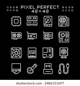 Computer components, white line icons. PC building and hardware elements. Ideal for technology and IT visuals. Symbols on black background. Editable stroke. Pixel perfect 48x48 and 288x288