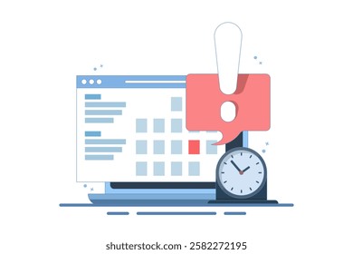 Computer Concept with calendar, deadline list, notes, online notification on website as reminder of important event, electronic or digital internet on laptop, modern notes. Flat vector illustration.