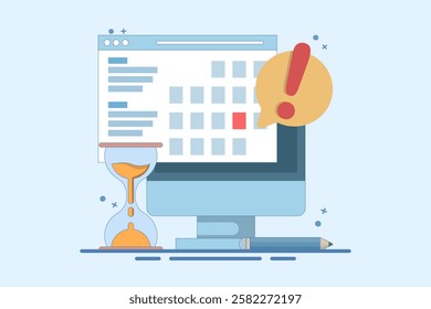 Computer Concept with calendar, deadline list, notes, online notification on website as reminder of important event, electronic or digital internet on laptop, modern notes. Flat vector illustration.