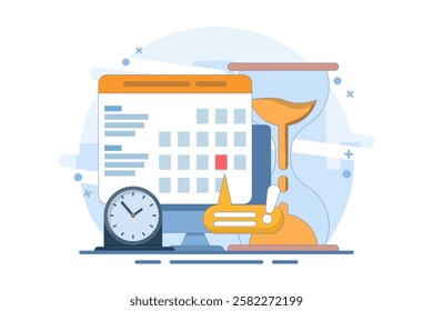 Computer Concept with calendar, deadline list, notes, online notification on website as reminder of important event, electronic or digital internet on laptop, modern notes. Flat vector illustration.