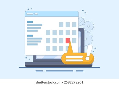 Computer Concept with calendar, deadline list, notes, online notification on website as reminder of important event, electronic or digital internet on laptop, modern notes. Flat vector illustration.