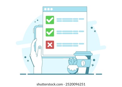 Computer concept with checklist. computer with check mark and cross. Online testing. Checklist and Check Mark on Screen. Check Mark and Options in Browser Window, Flat vector illustration.